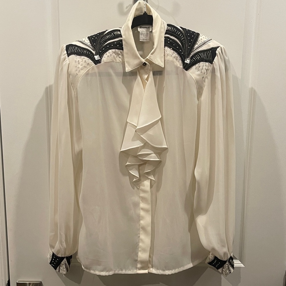 Elegant Women's Cream and Black Blouse with Ruffle Front